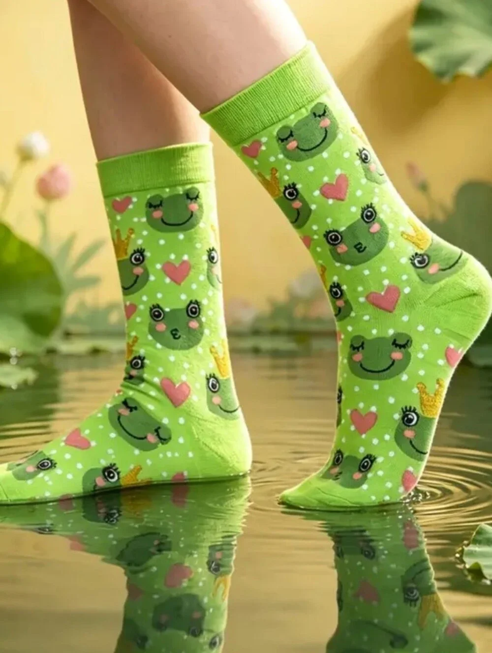 1 Pair Green Frog Socks with Hearts, Adult OS